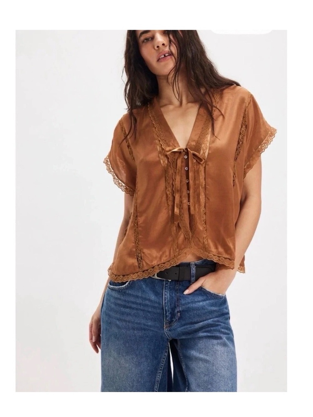 Free People Brown Lace Trim V-Neck Tie Front Short Sleeve Blouse Women L